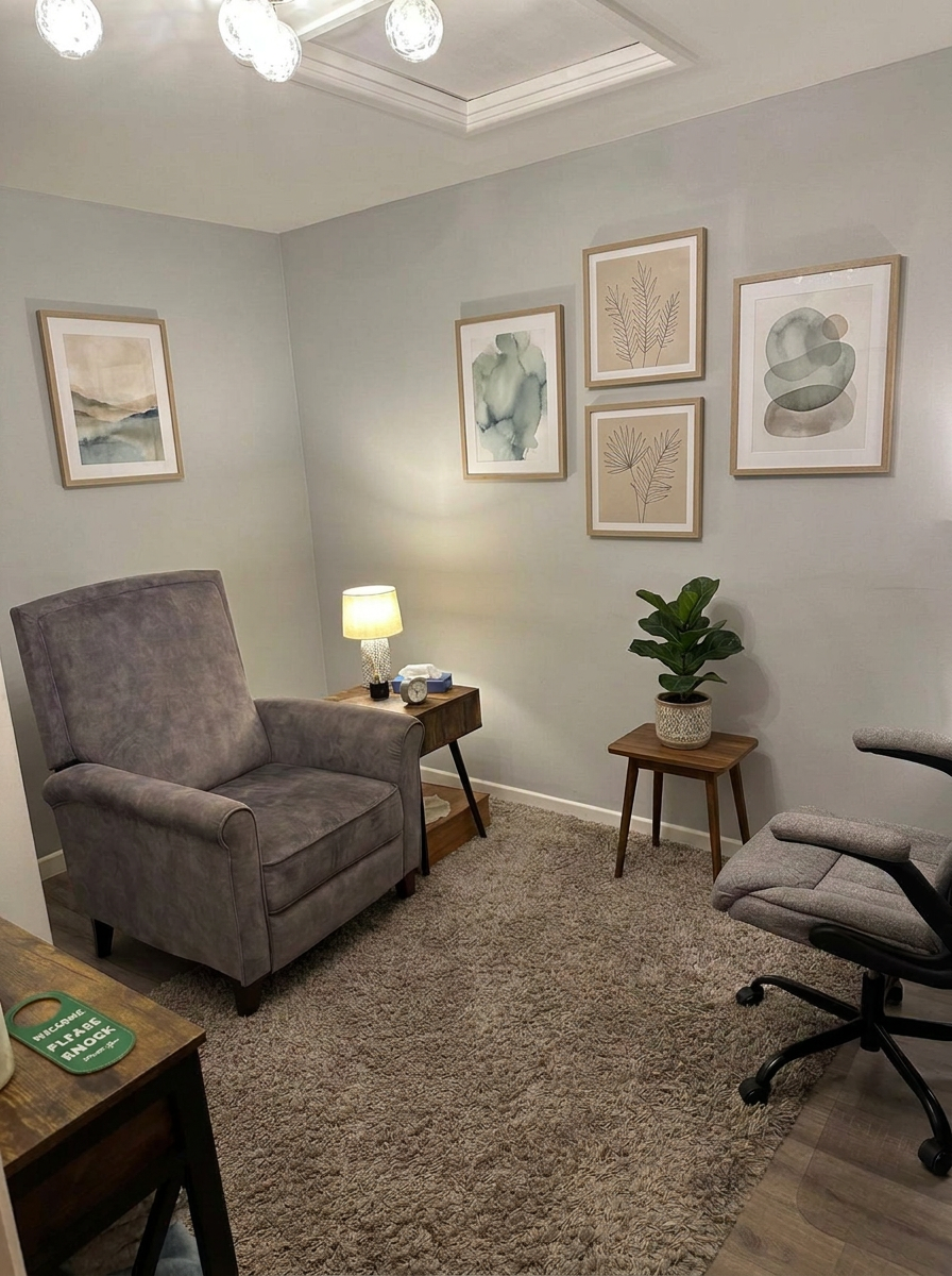 A calm consulting room with two armchairs in natural light